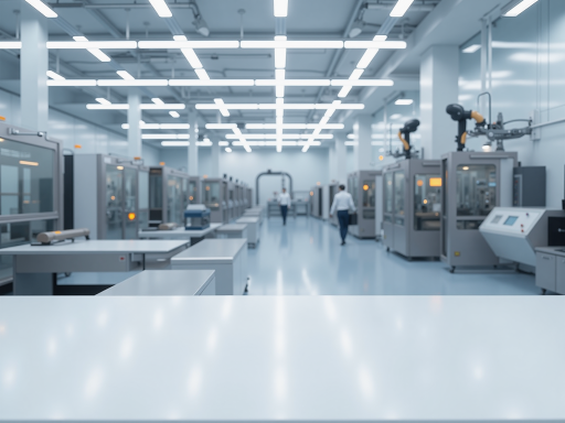 现代化工厂车间内部，工人操作精密设备，整洁有序的生产线，体现专业制造能力