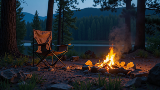 户外家具和露营装备在自然环境中展示，体现产品的实用性和耐用性